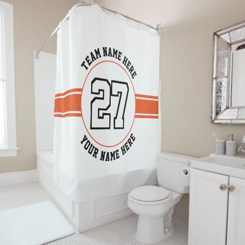 Jersey number team and player name ornage sports shower curtain