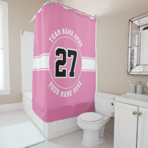 Jersey number, team and player name pink and white shower curtain