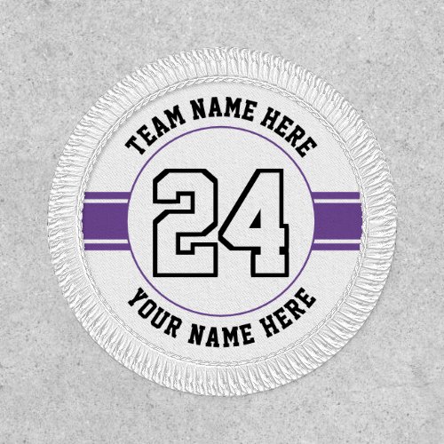 Jersey number team and player name purple sports patch