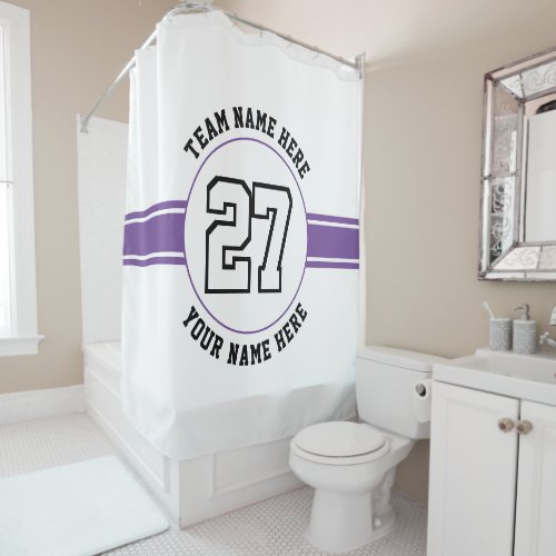 Jersey number team and player name purple sports shower curtain
