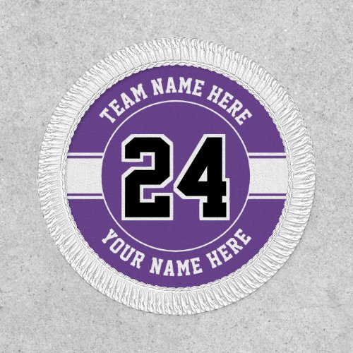 Jersey number team and player name purple white patch