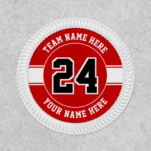 Jersey number team and player name red and white patch