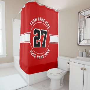 Jersey number, team and player name red and white shower curtain