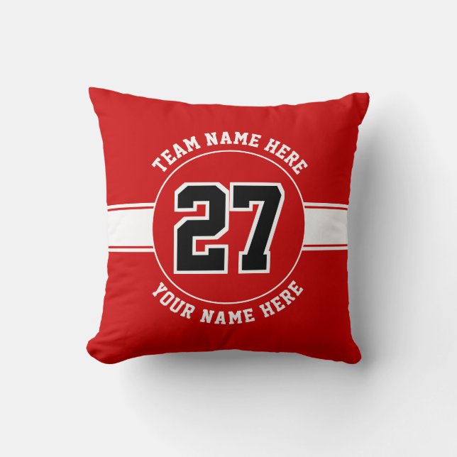 Jersey number, team and player name red and white  throw pillow (Front)