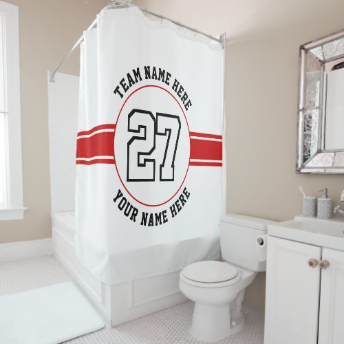 Jersey number team and player name red sports shower curtain