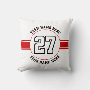 Jersey number, team and player name red sports throw pillow