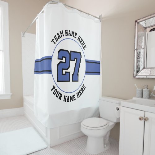 Jersey number team player name blue black sports shower curtain