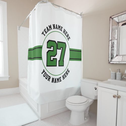 Jersey number team player name green black sports shower curtain