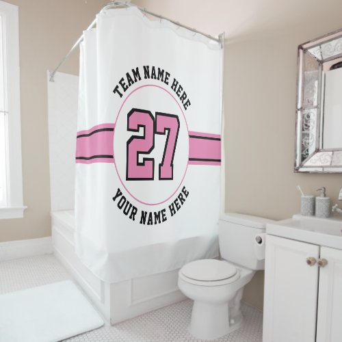 Jersey number team player name pink black sports shower curtain
