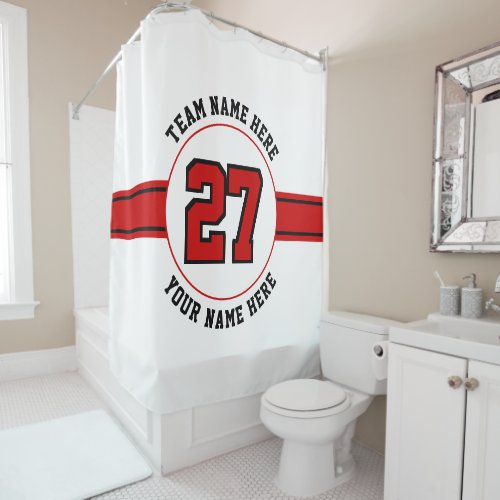 Jersey number team player name red black sports shower curtain