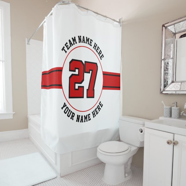 Jersey number, team, player name red black sports shower curtain (In Situ)