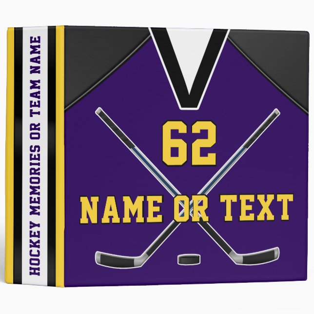 Jersey Style Hockey Photo Album, Purple and Gold 3 Ring Binder (Front/Spine)