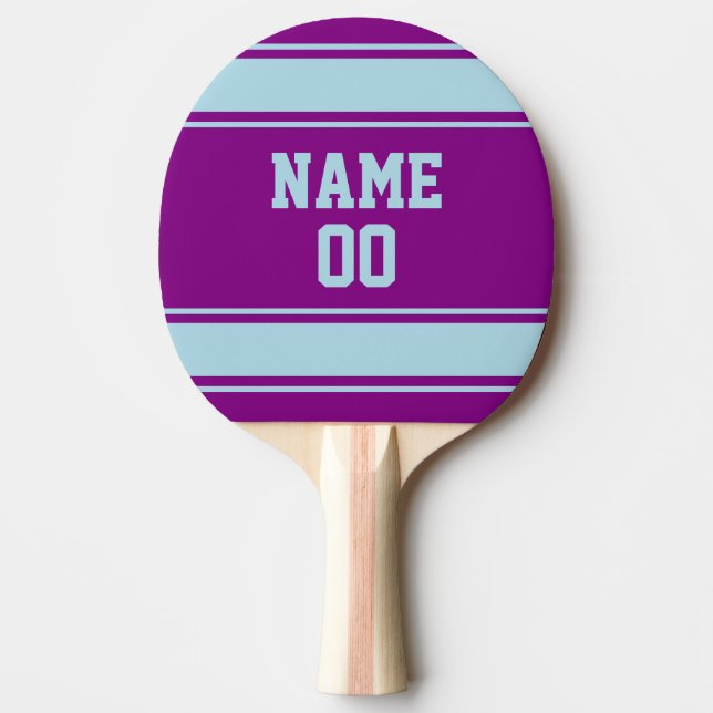 Jersey Style Purple and Light Blue Personalized Ping Pong Paddle (Front)