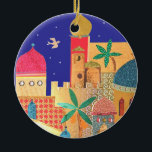 Jerusalem City Colorful Art Ceramic Ornament<br><div class="desc">jerusalem, "old city", islam, islamic, jewish, judaism, jew, jews, israel, colorful, multicolor, bright, muslim, domes, dome, architecture, buildings, city, town, birds, night, doves, peace, shalom, "middle east", "middle eastern", arabian, arab, arabic, gold, ancient, religious, religion, rock, judaica, judaic, mosque, biblical, bible, cityscape, landscape, art, artistic, collage, israeli, yerushalayim, temple, mount,...</div>
