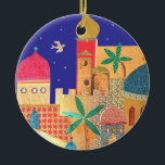 Jerusalem City Colorful Art Ceramic Ornament<br><div class="desc">jerusalem, "old city", islam, islamic, jewish, judaism, jew, jews, israel, colorful, multicolor, bright, muslim, domes, dome, architecture, buildings, city, town, birds, night, doves, peace, shalom, "middle east", "middle eastern", arabian, arab, arabic, gold, ancient, religious, religion, rock, judaica, judaic, mosque, biblical, bible, cityscape, landscape, art, artistic, collage, israeli, yerushalayim, temple, mount,...</div>