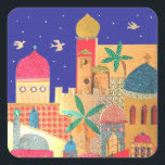 Jerusalem City Colorful Art Square Sticker<br><div class="desc">jerusalem, "old city", islam, islamic, jewish, judaism, jew, jews, israel, colorful, multicolor, bright, muslim, domes, dome, architecture, buildings, city, town, birds, night, doves, peace, shalom, "middle east", "middle eastern", arabian, arab, arabic, gold, ancient, religious, religion, rock, judaica, judaic, mosque, biblical, bible, cityscape, landscape, art, artistic, collage, israeli, yerushalayim, temple, mount,...</div>
