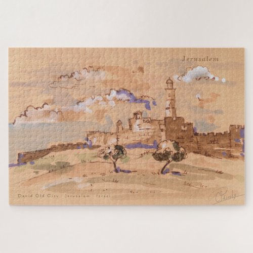 Jerusalem David Old City Painting Landscape Art  Jigsaw Puzzle