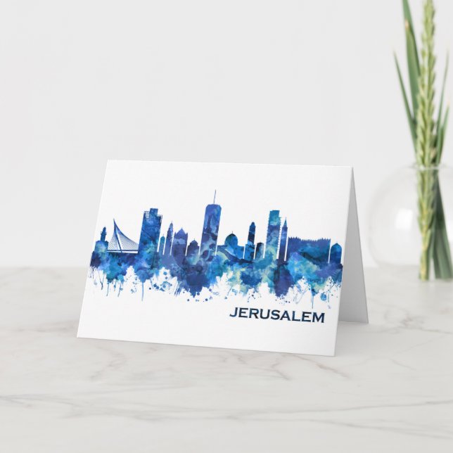 Jerusalem Israel Skyline Blue Holiday Card (Front)