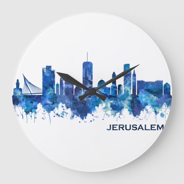 Jerusalem Israel Skyline Blue Large Clock (Front)