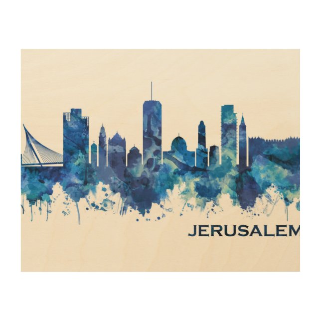Jerusalem Israel Skyline Blue Wood Wall Art (Front)