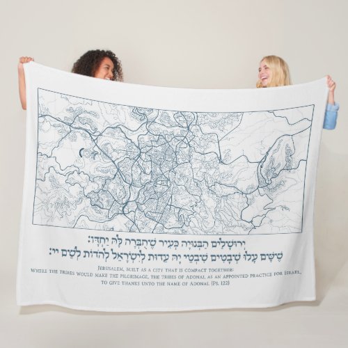 Jerusalem Map A Psalm Quote in Hebrew and English Fleece Blanket