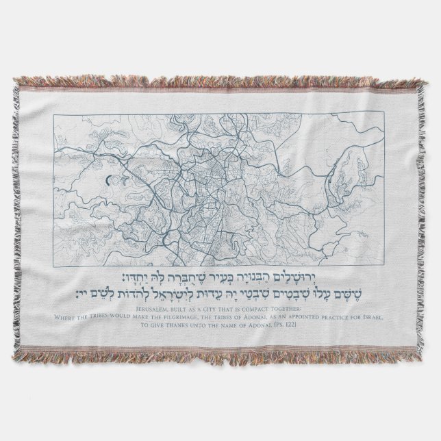 Jerusalem Map: A Psalm Quote in Hebrew and English Throw Blanket (Front)