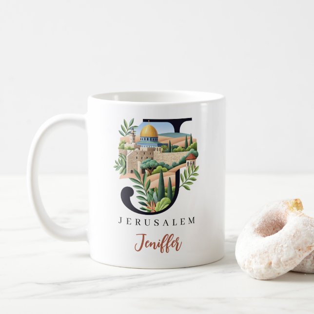 Jerusalem Monogram Letter J Personalized Gift Coffee Mug (With Donut)
