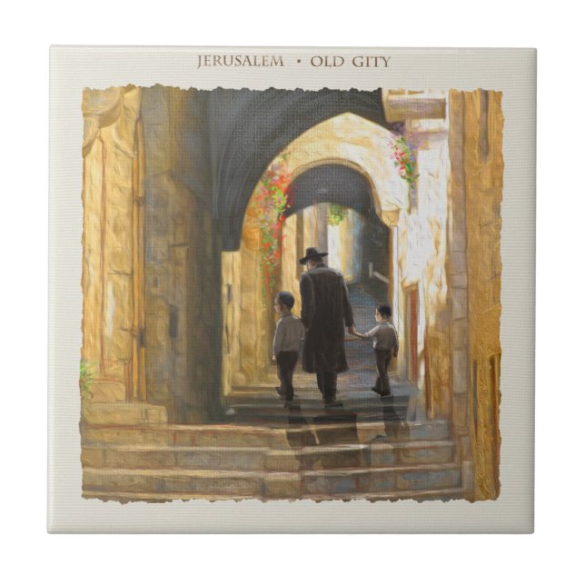 Jerusalem Old City Israel Painting Jewish Holiday Ceramic Tile (Front)