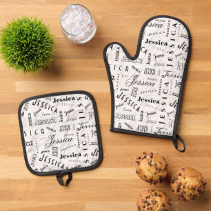 Jessica Custom Name Black White Oven Mitt & Pot Holder Set