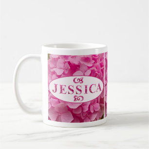 "Jessica" Elegant Pink Hydrangea Floral Lettering Coffee Mug