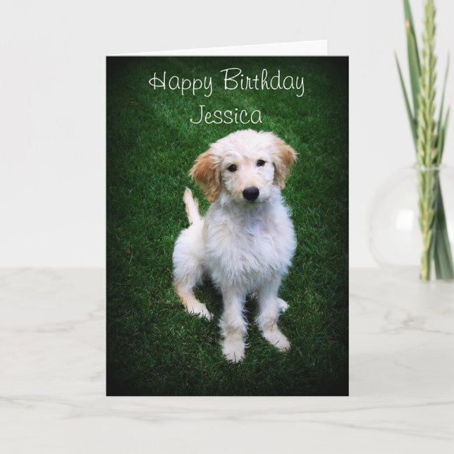 Jessica Happy Birthday Golden Doodle Puppy Card (Front)