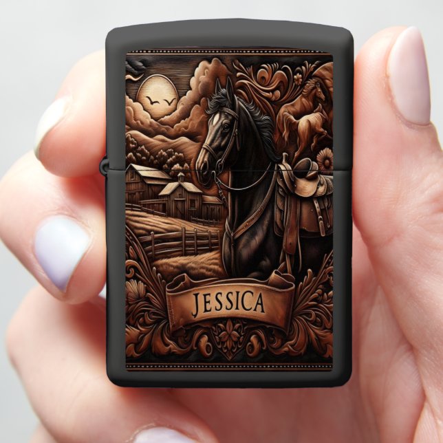 Jessica Horse Portrait With Farm Scene Zippo Lighter (In Hand)
