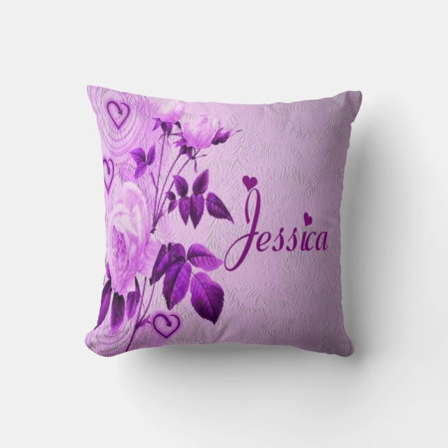 Jessica purple floral hearts throw pillow (Front)