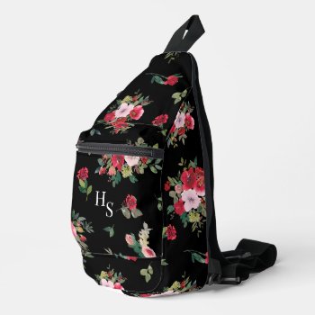 Jessica Watercolor Monogrammed Floral In Black Sling Bag by Letsrendevoo at Zazzle