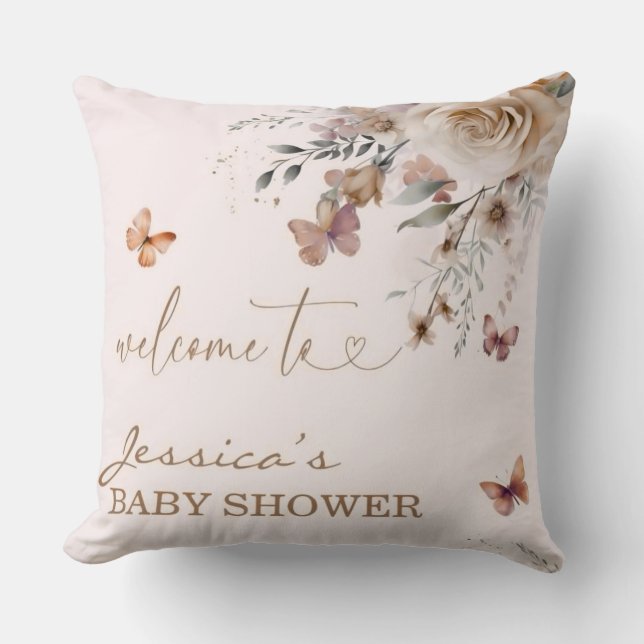 Jessica's Baby Shower Welcome Butterfly Floral Throw Pillow (Front)