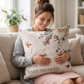 Jessica's Baby Shower Welcome Butterfly Floral Throw Pillow