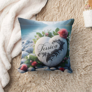 Jessica's Heart stone by the Lake Throw Pillow