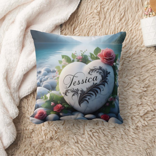 Jessica's Heart stone by the Lake Throw Pillow (Blanket)