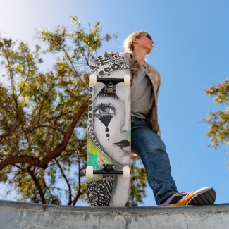 Jester Black White Whimsical Art Cool Fun Unique Skateboard