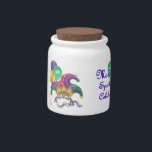 Jester Candy Jar<br><div class="desc">White Porcelain candy jar with a festive Mardi Gras image, on both sides, of green, purple and gold balloons, a colorful jester hat and mask balloon, and green and purple beads. A green balloon and the sentiment “Mardi Gras—Spectacular Celebration!” in on the front. See matching espresso cup, flask, mug, pitcher,...</div>