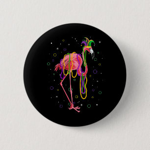 Jester Flamingo And Beads Mardi Gras Fat Tuesday P Button