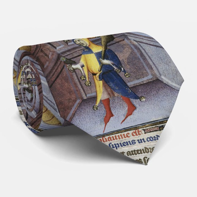 JESTER HOLDING OWL MEDIEVAL MANUSCRIPT NECK TIE (Rolled)