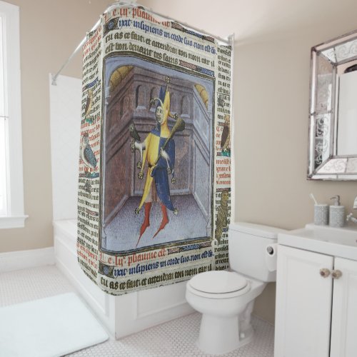 JESTER HOLDING OWL MEDIEVAL MANUSCRIPT SHOWER CURTAIN