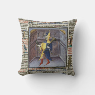 JESTER HOLDING OWL MEDIEVAL MANUSCRIPT THROW PILLOW