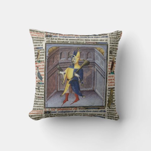 JESTER HOLDING OWL MEDIEVAL MANUSCRIPT THROW PILLOW