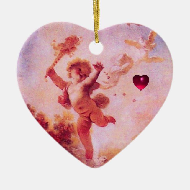 JESTER LOVE,CUPID VALENTINE MONOGRAM Pink Ruby Ceramic Ornament (Front)
