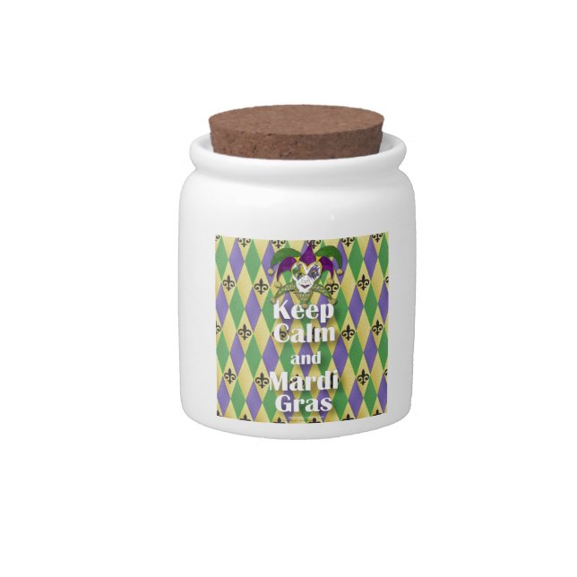 Jester Mask Keep Calm and Mardi Gras Candy Jar (Front)
