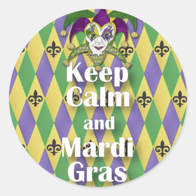 Jester Mask Keep Calm and Mardi Gras Classic Round Sticker (Front)