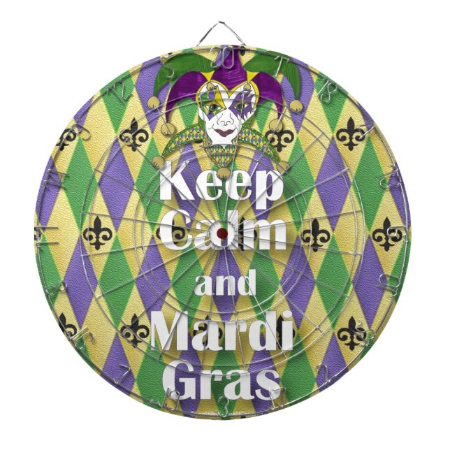 Jester Mask Keep Calm and Mardi Gras Dartboard With Darts (Front)