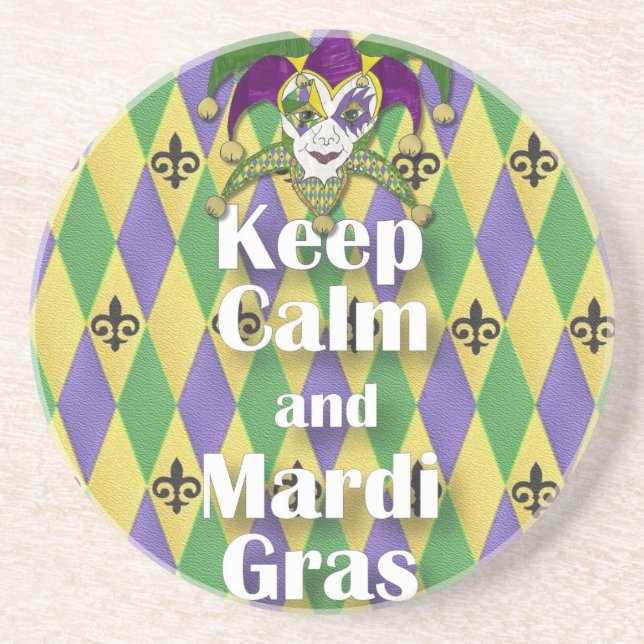 Jester Mask Keep Calm and Mardi Gras Drink Coaster (Front)